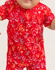 Mandarin-collared Polo Romper - Red Floral Bamboo