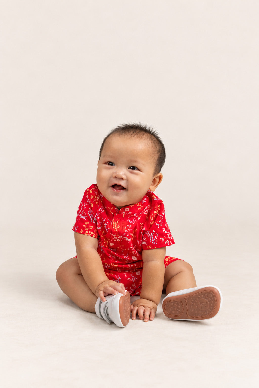 Mandarin-collared Polo Romper - Red Floral Bamboo