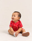 Mandarin-collared Polo Romper - Red Floral Bamboo