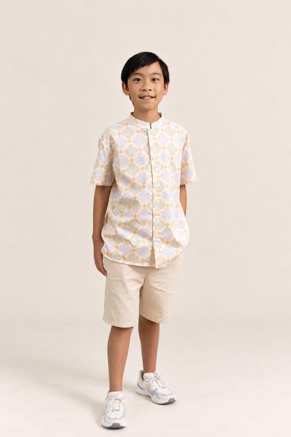 Mandarin-collared Shirt - Cream Lucky Coins