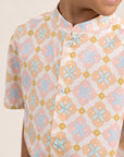 Mandarin-collared Shirt - Cream Lucky Coins