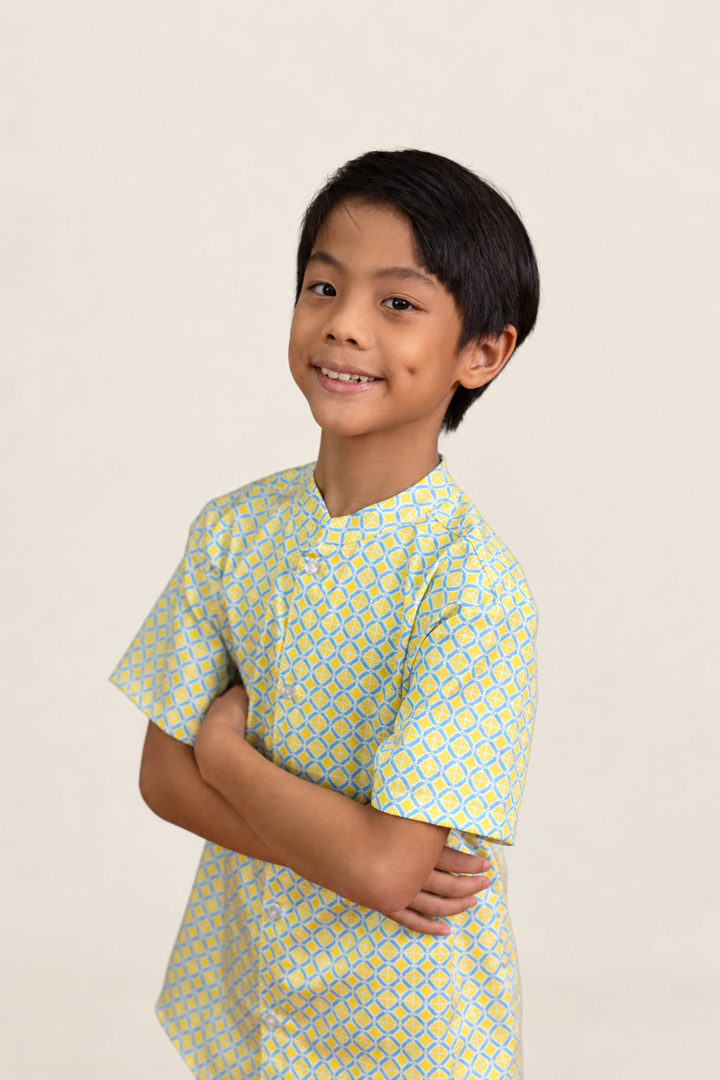 Mandarin-collared Shirt - Yellow Blue Mosaic