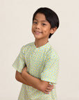 Mandarin-collared Shirt - Yellow Blue Mosaic
