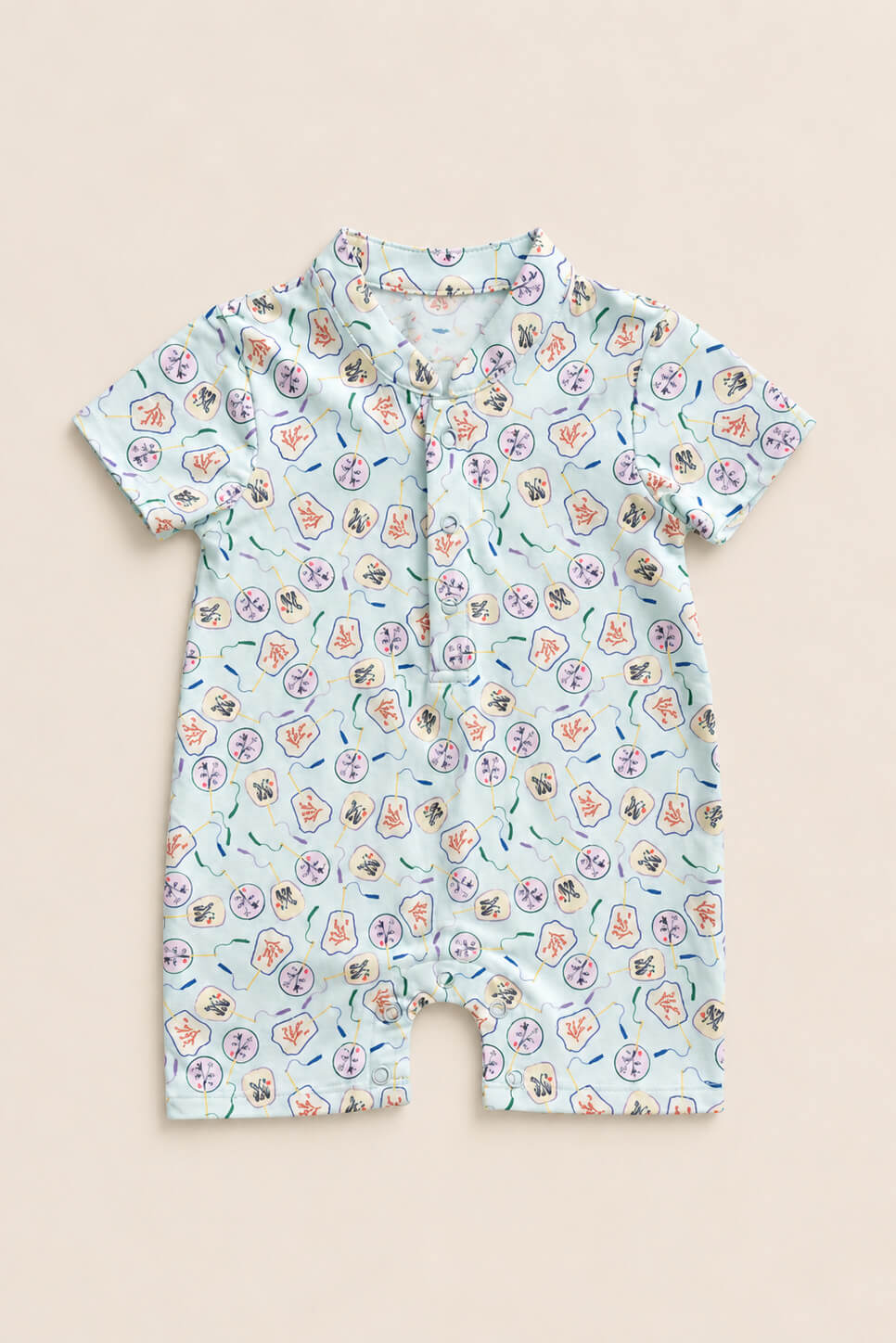 Mandarin-collared Polo Romper - Blue Fans