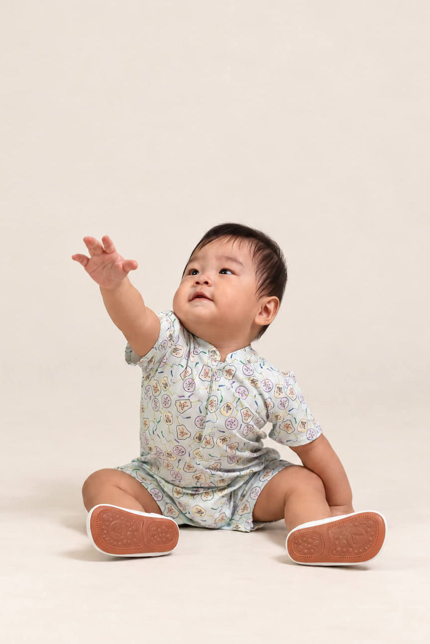 Mandarin-collared Polo Romper - Blue Fans
