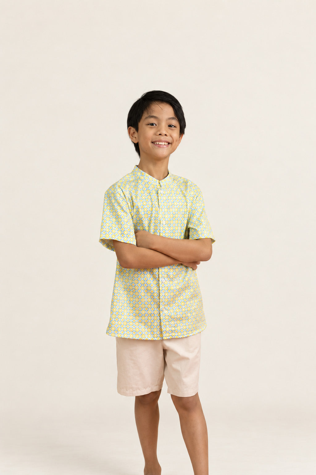 Mandarin-collared Shirt - Yellow Blue Mosaic