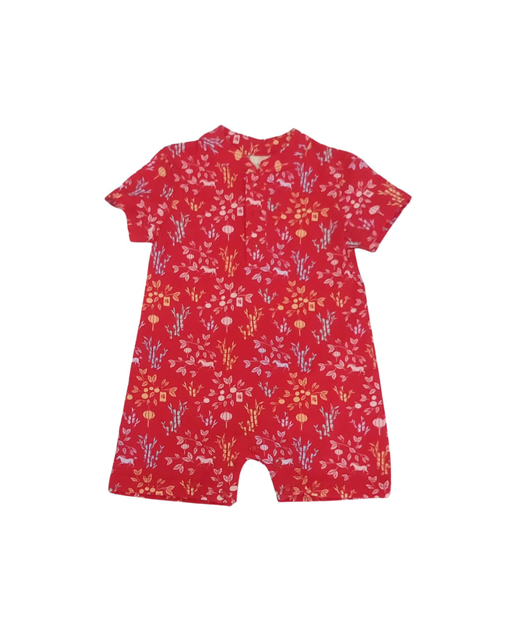 Mandarin-collared Polo Romper - Red Floral Bamboo