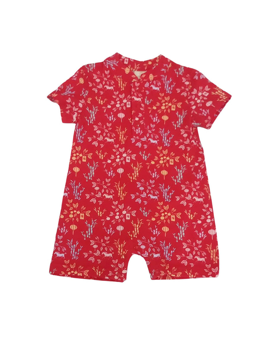 Mandarin-collared Polo Romper - Red Floral Bamboo