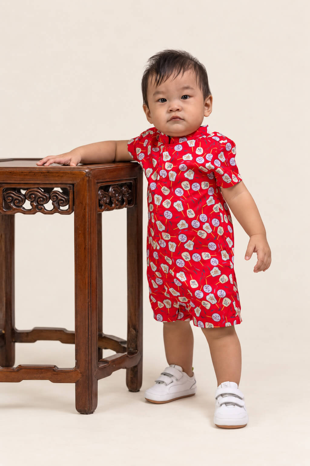 Mandarin-collared Romper - Red Fans