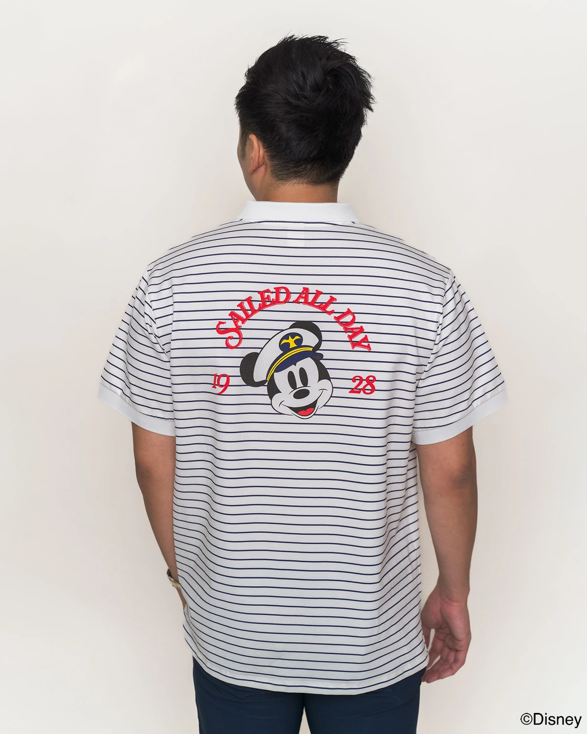 back view of mens polo tee in stripes sailor mickey 