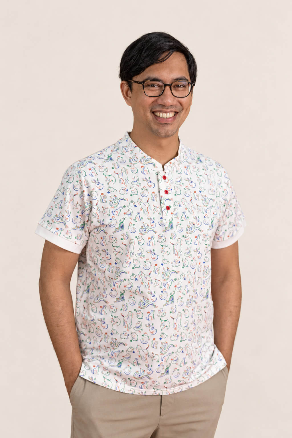 Men's Mandarin-collared Polo Tee - Zodiac Mahjong