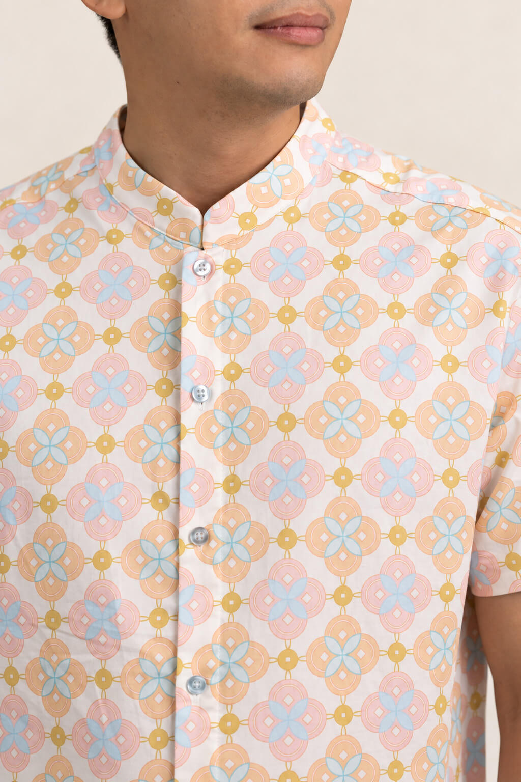 Men's Mandarin-collared Shirt - Cream Lucky Coins