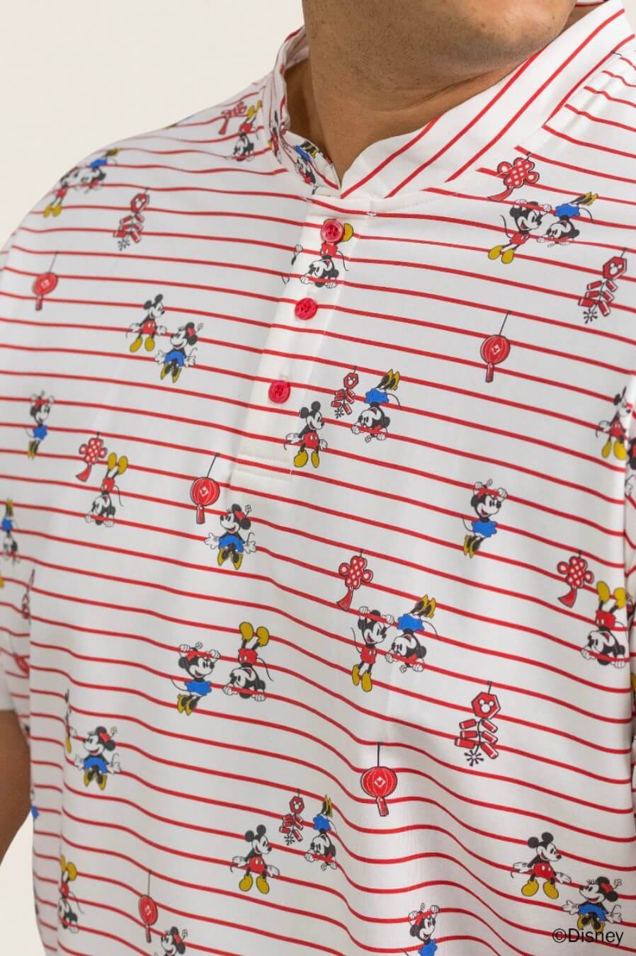 Men's Mandarin-collared Polo Tee - Firecracker Mickey