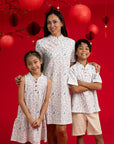 Elly family matching outfits: Naomi Cheongsam, Ladies Dress, and Boys shirt in Zodiac Mahjong.