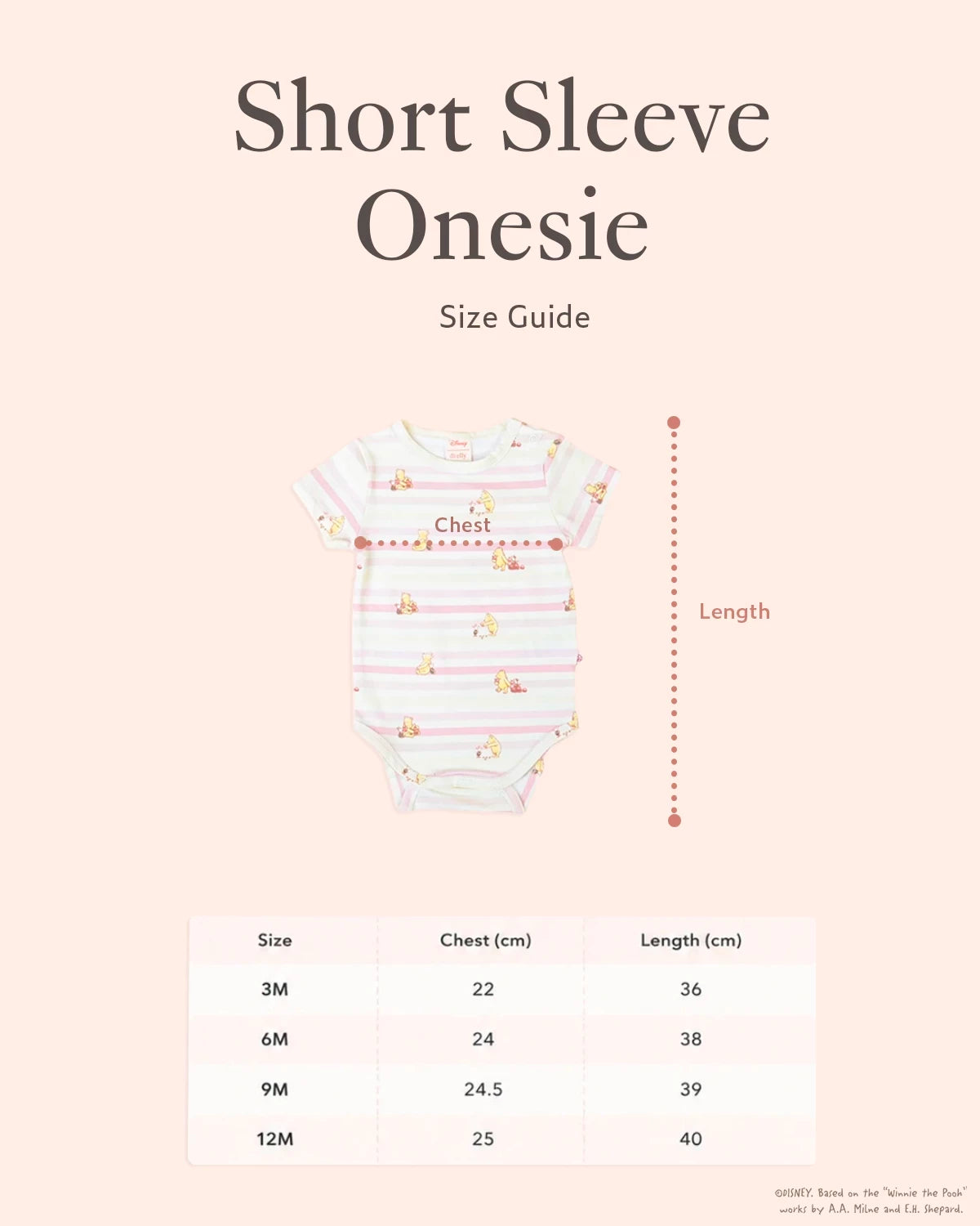Short sleeve onesie size guide with measurements background