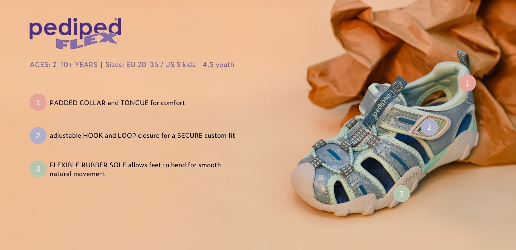 features include padded collar, hook & loop, & flexible sole.