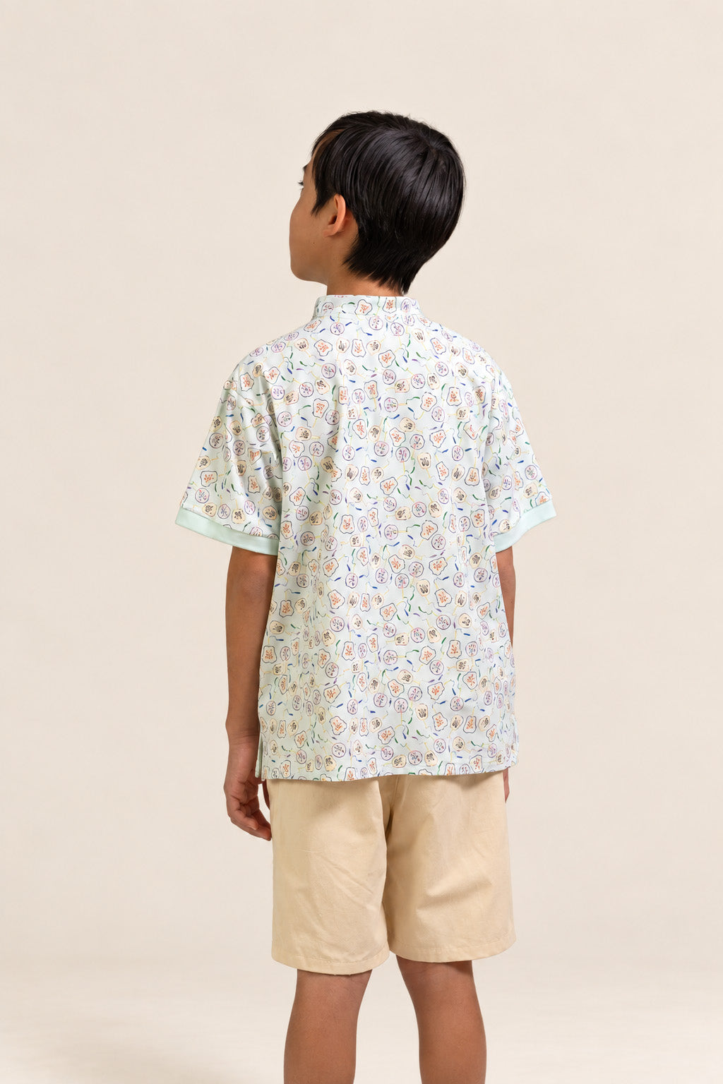 Mandarin-collared Polo Tee - Blue Fans