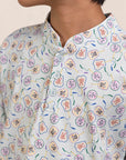 Mandarin-collared Polo Tee - Blue Fans closeup