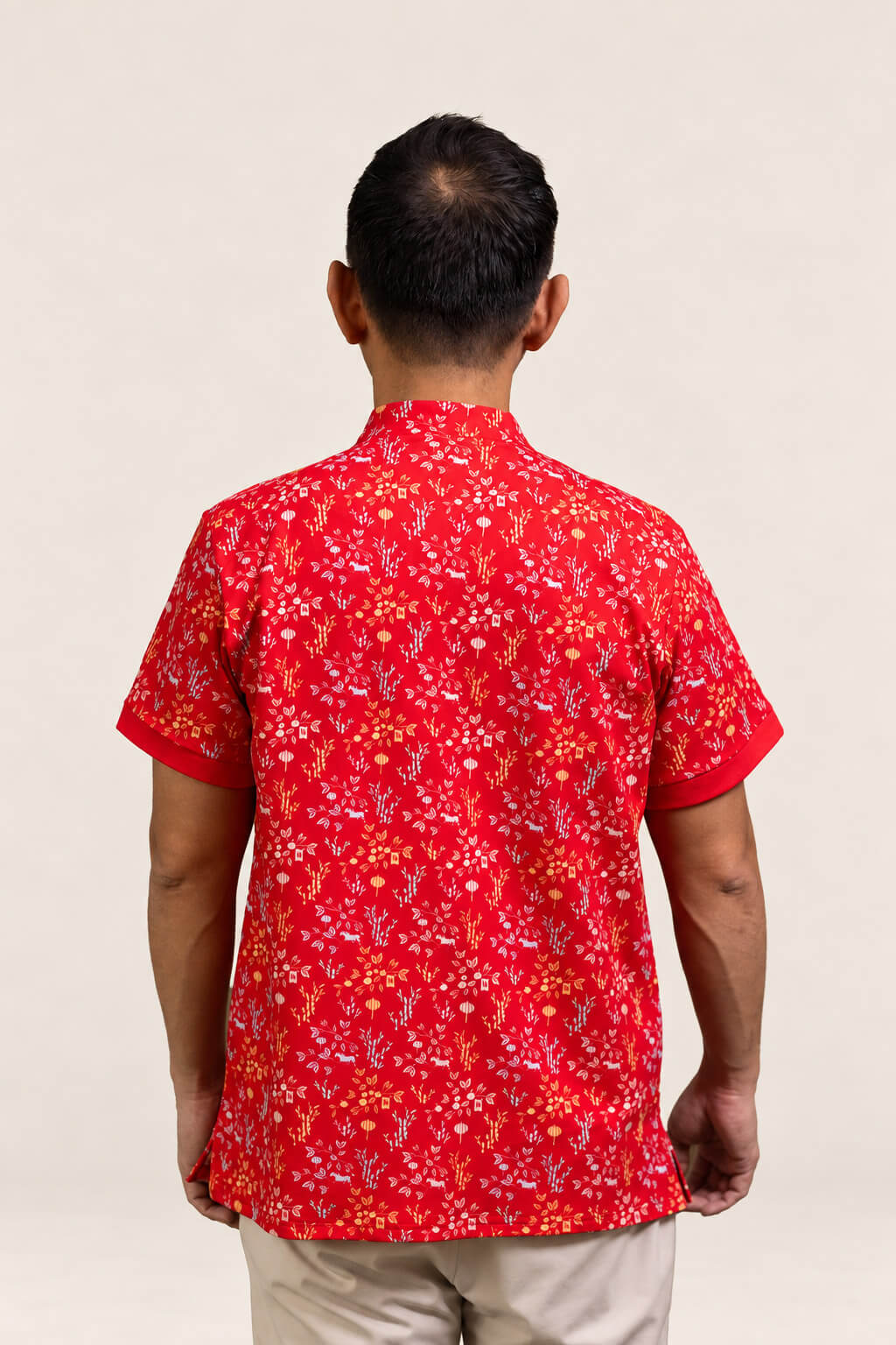 Men's Mandarin-collared Polo Tee - Red Floral Bamboo