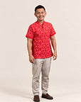 Men's Mandarin-collared Polo Tee - Red Floral Bamboo