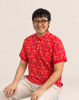 Men's Mandarin-collared Polo Tee - Red Floral Bamboo