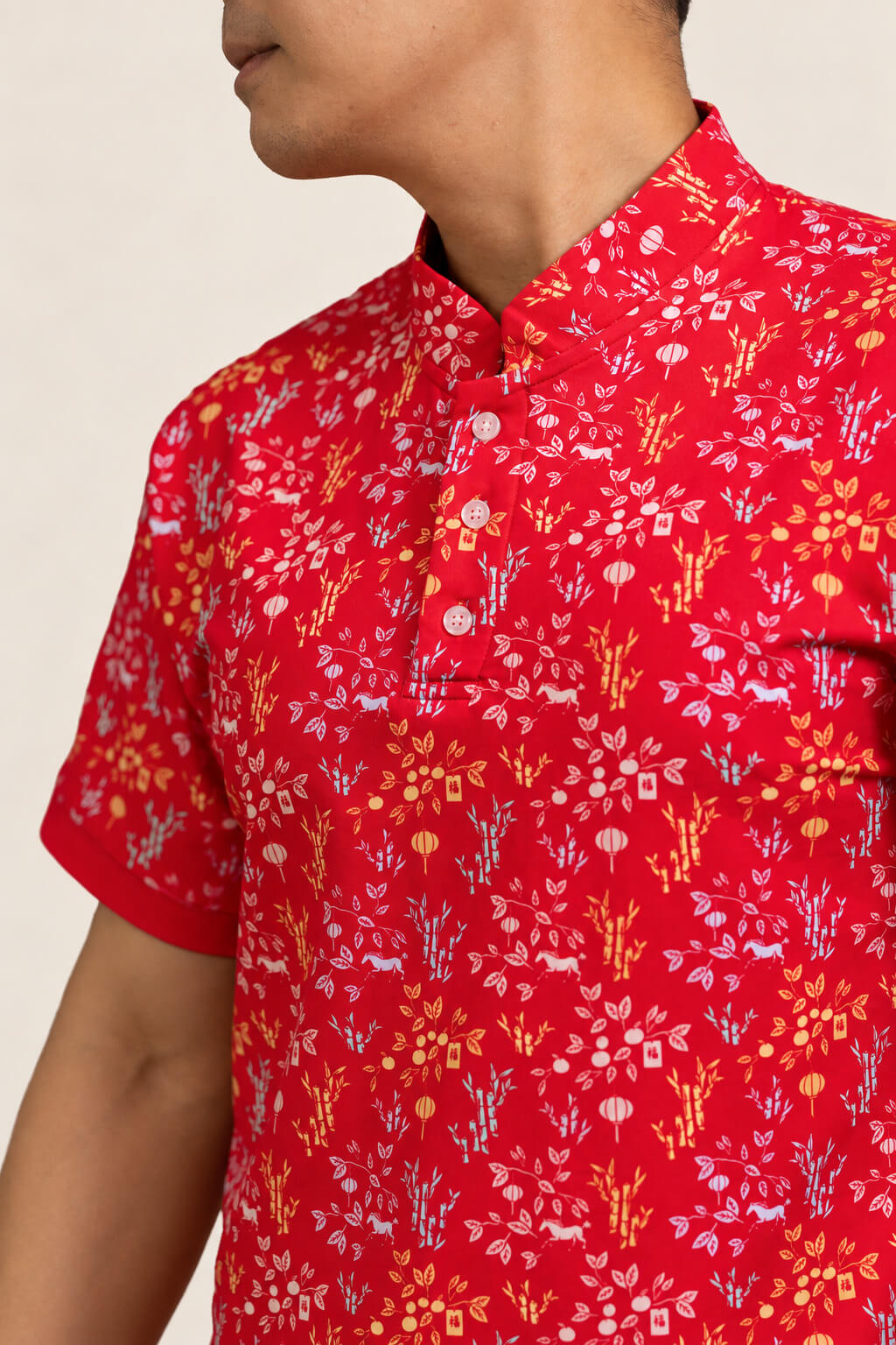 Men's Mandarin-collared Polo Tee - Red Floral Bamboo