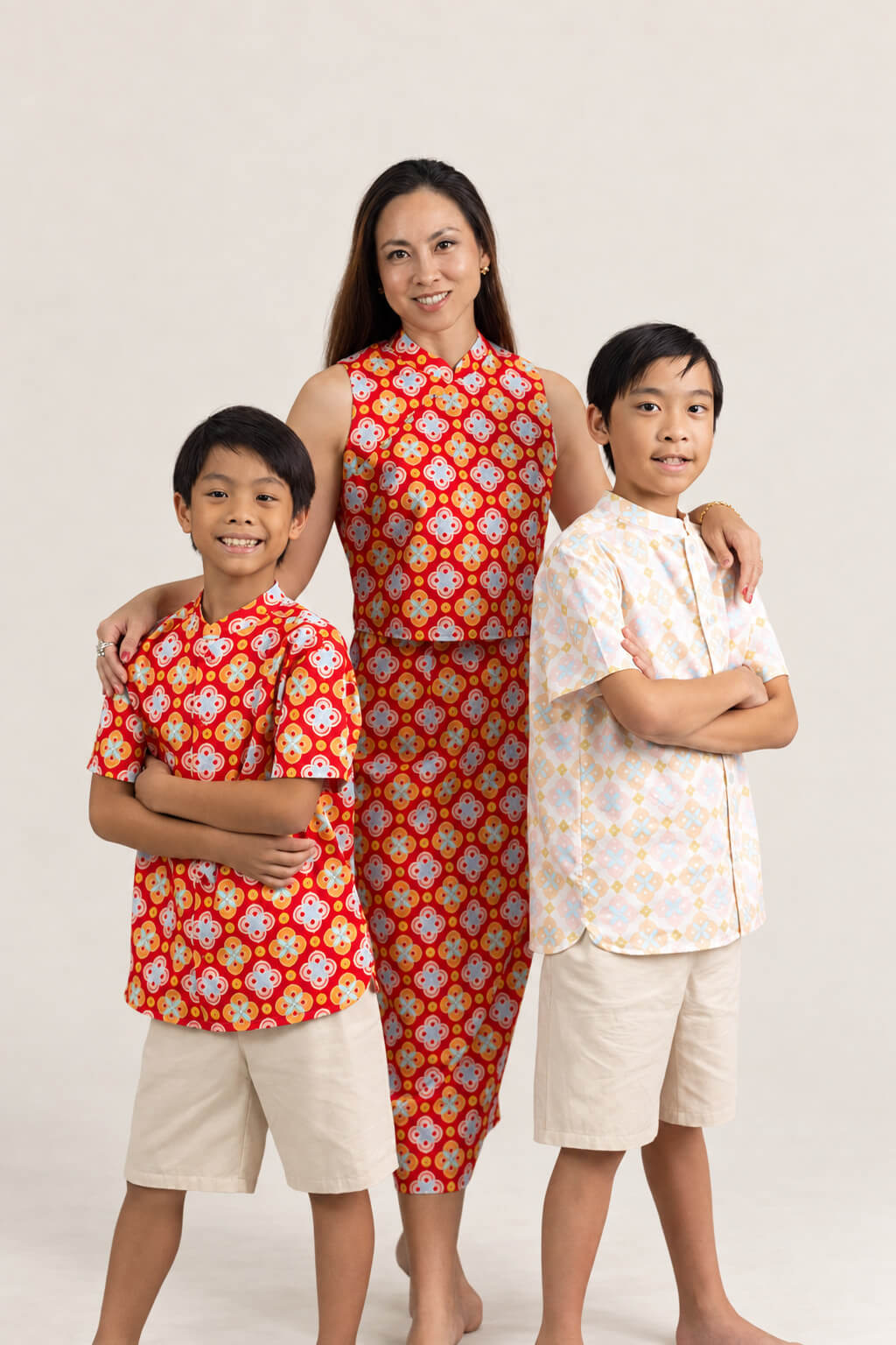 Mandarin-collared Shirt - Cream Lucky Coins