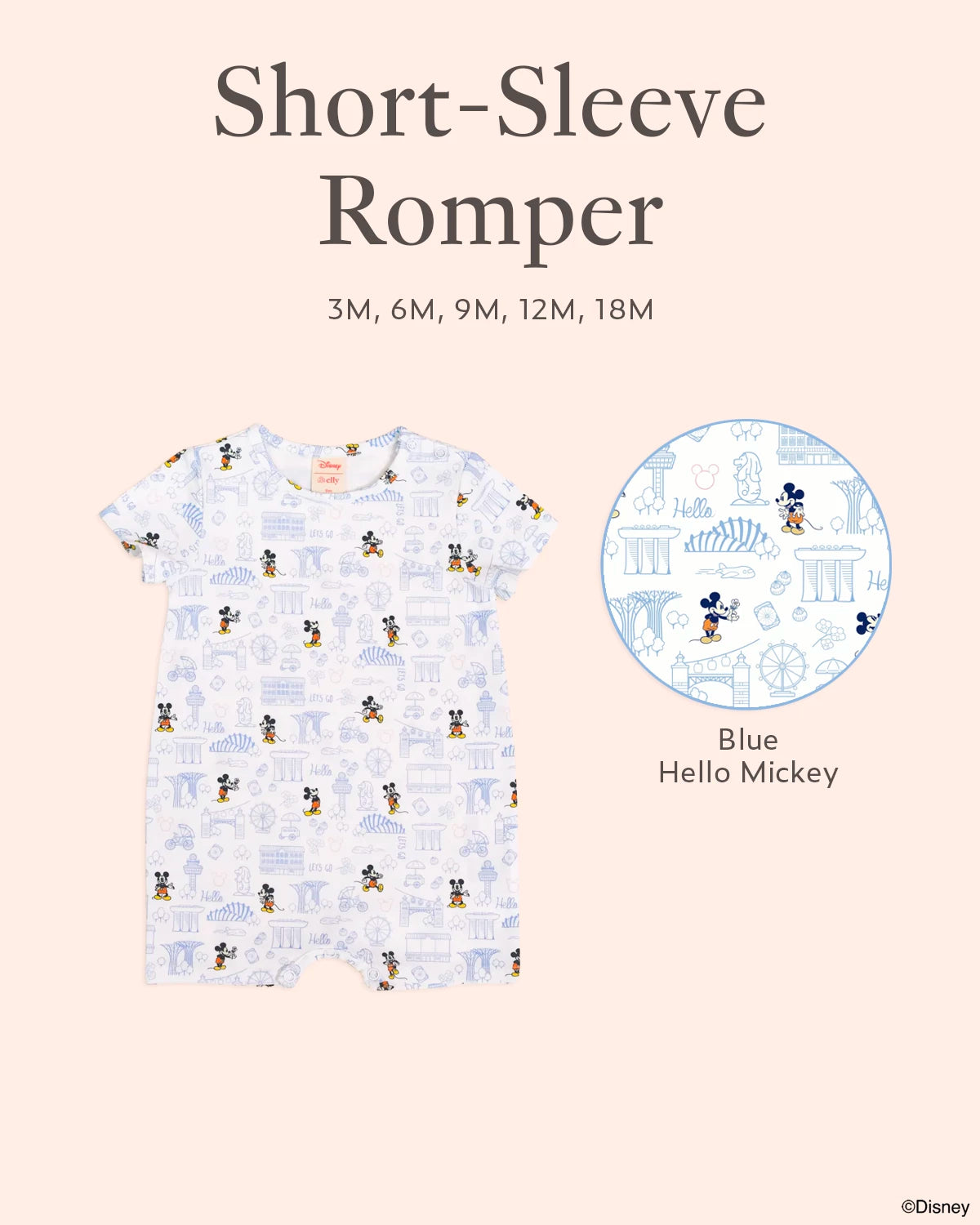 Short-sleeve romper with Blue Hello Mickey design