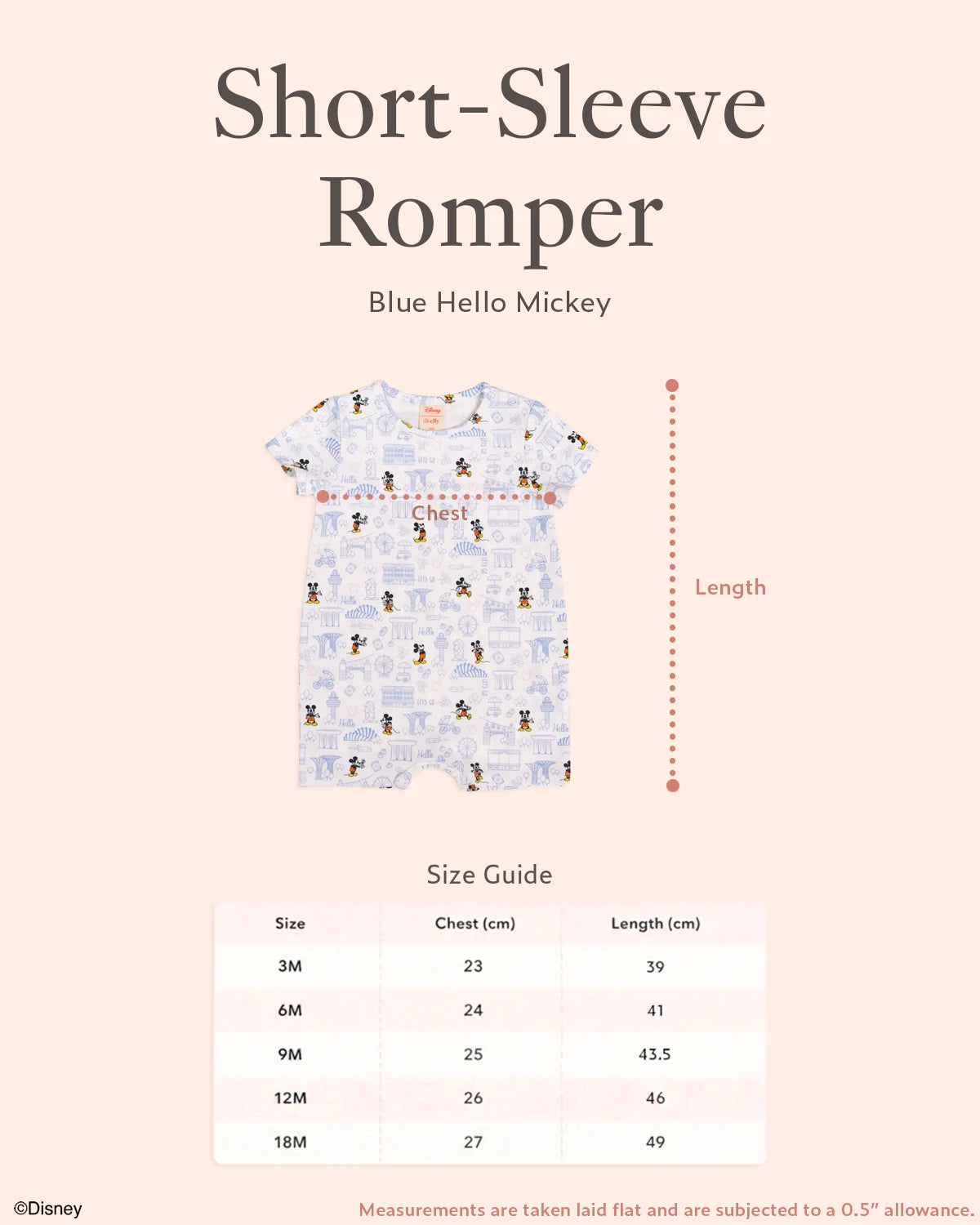 Blue Hello Mickey short-sleeve romper with size guide 