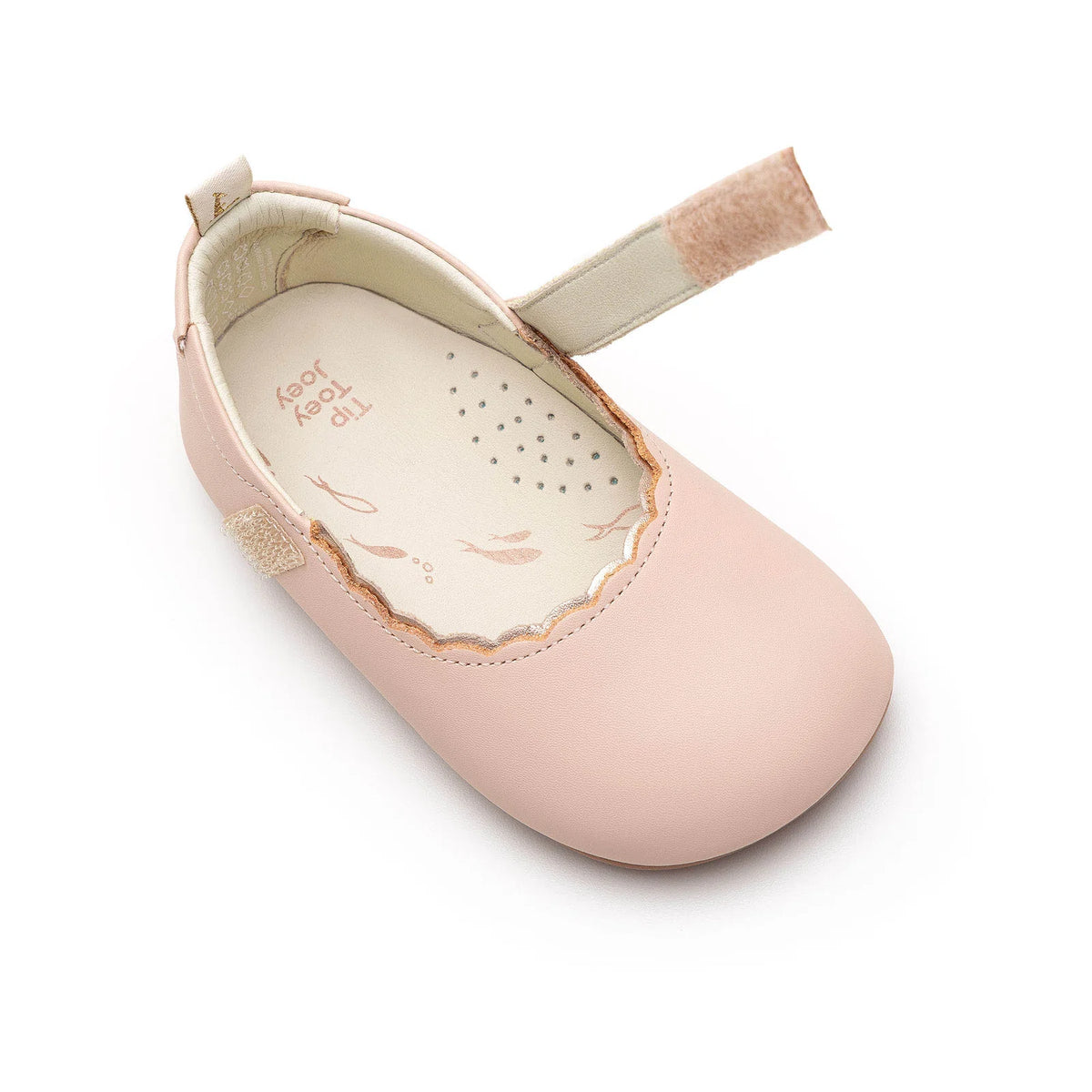 Angled view of a pair of Tip Toey Joey Roundy Shoes in Papaya Cream / Metallic Salmon