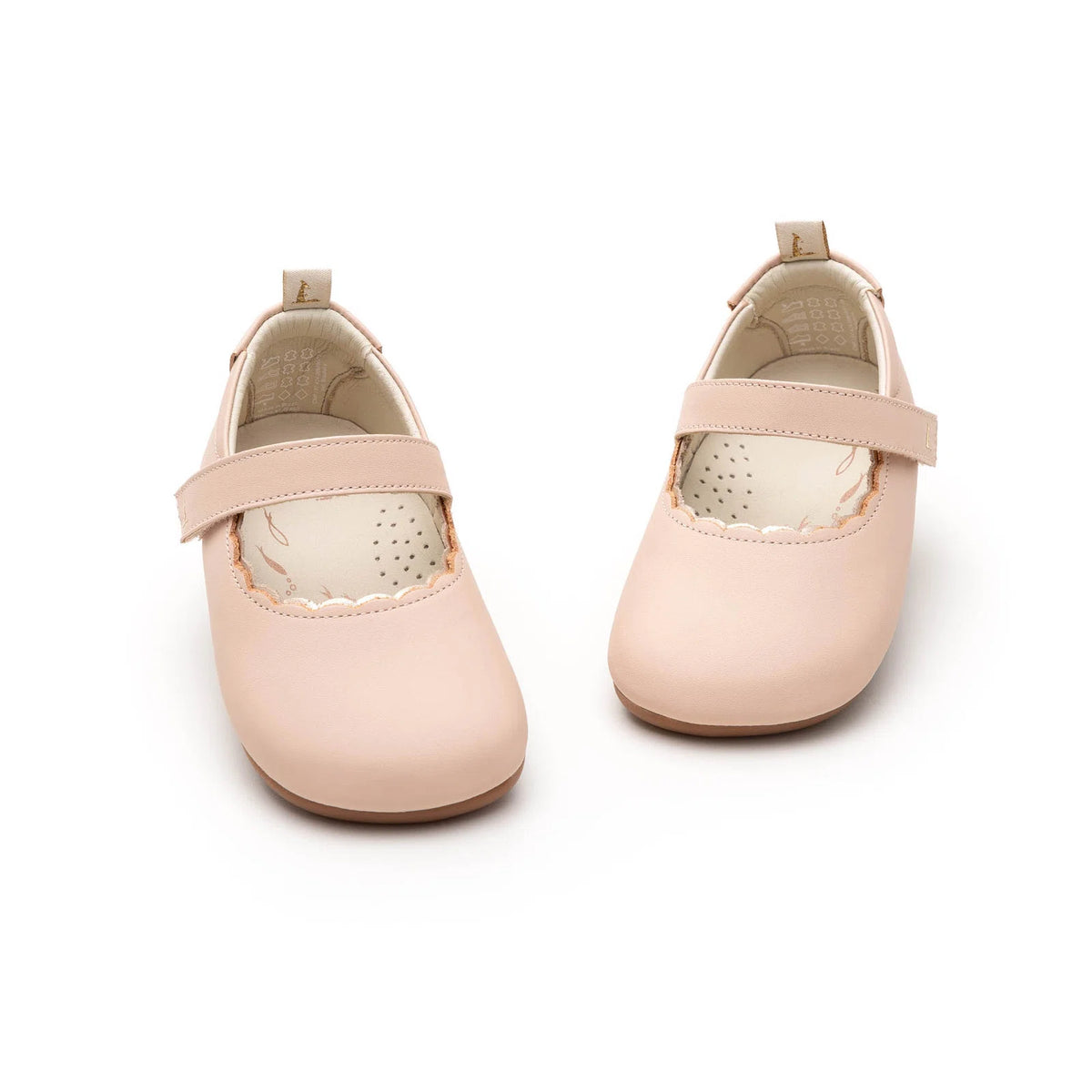 Sole and detail view of Tip Toey Joey Roundy Shoes in Papaya Cream / Metallic Salmon