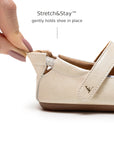 Back view of Tip Toey Joey Seashell Mary Janes in White Dream / Rose Gold / Metal Blue showing the Stretch&Stay elastic heel
