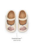 Top view of Tip Toey Joey Seashell Mary Janes in White Dream / Rose Gold / Metal Blue showing the wide FreetoGrow toe box