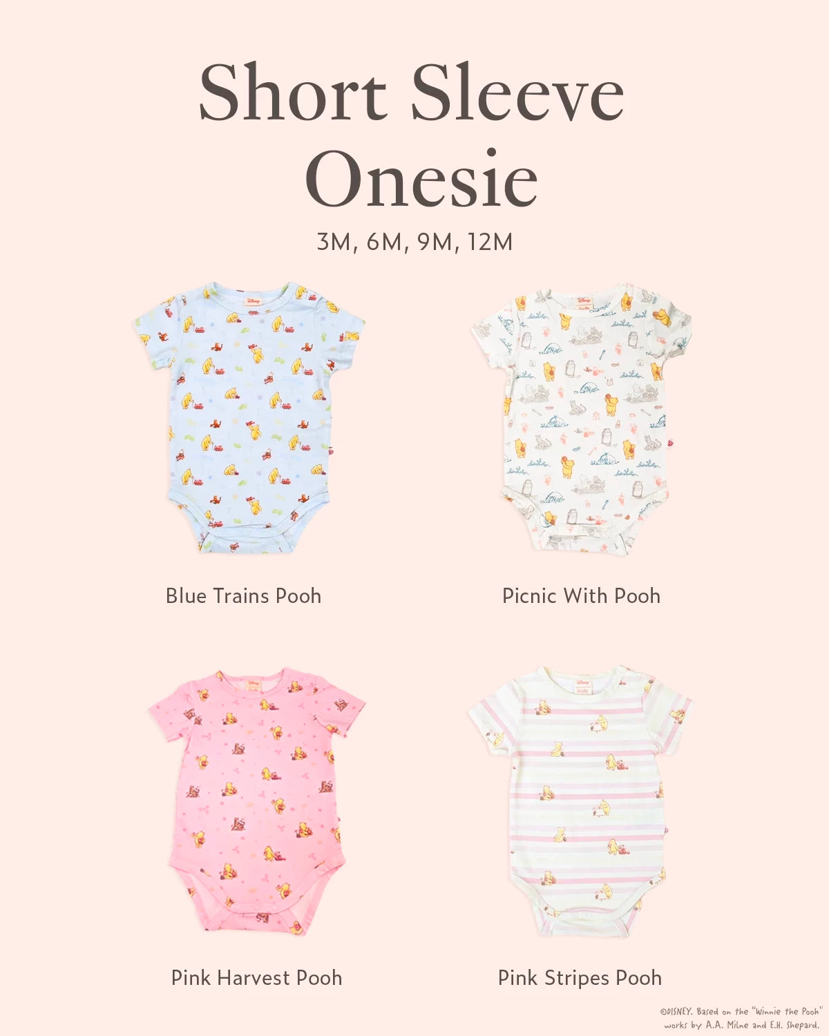baby onesies with blue trains pooh, picnic with pooh, pink harvest pooh and pink stripes pooh 