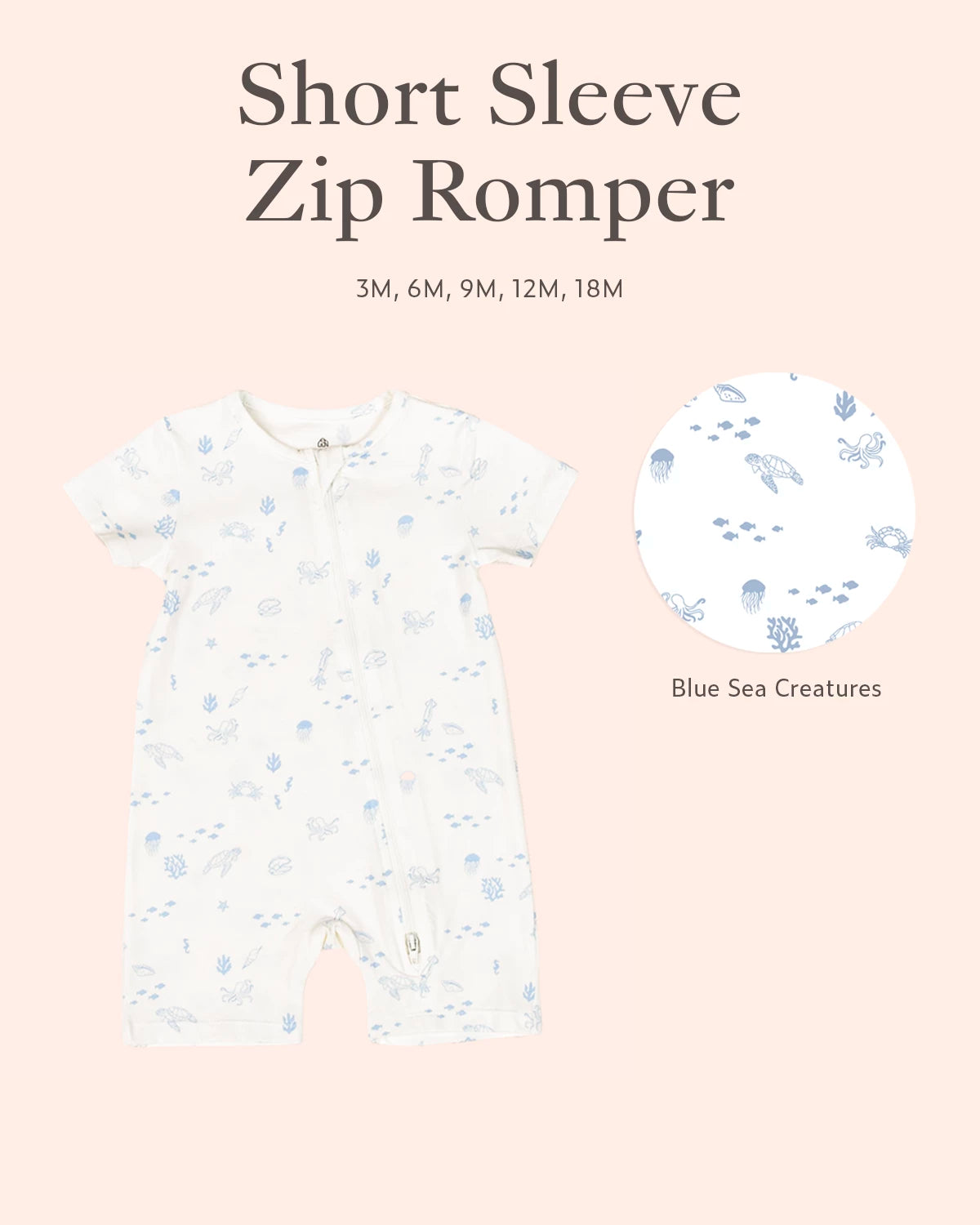 Short sleeve zip romper with blue sea creature design 