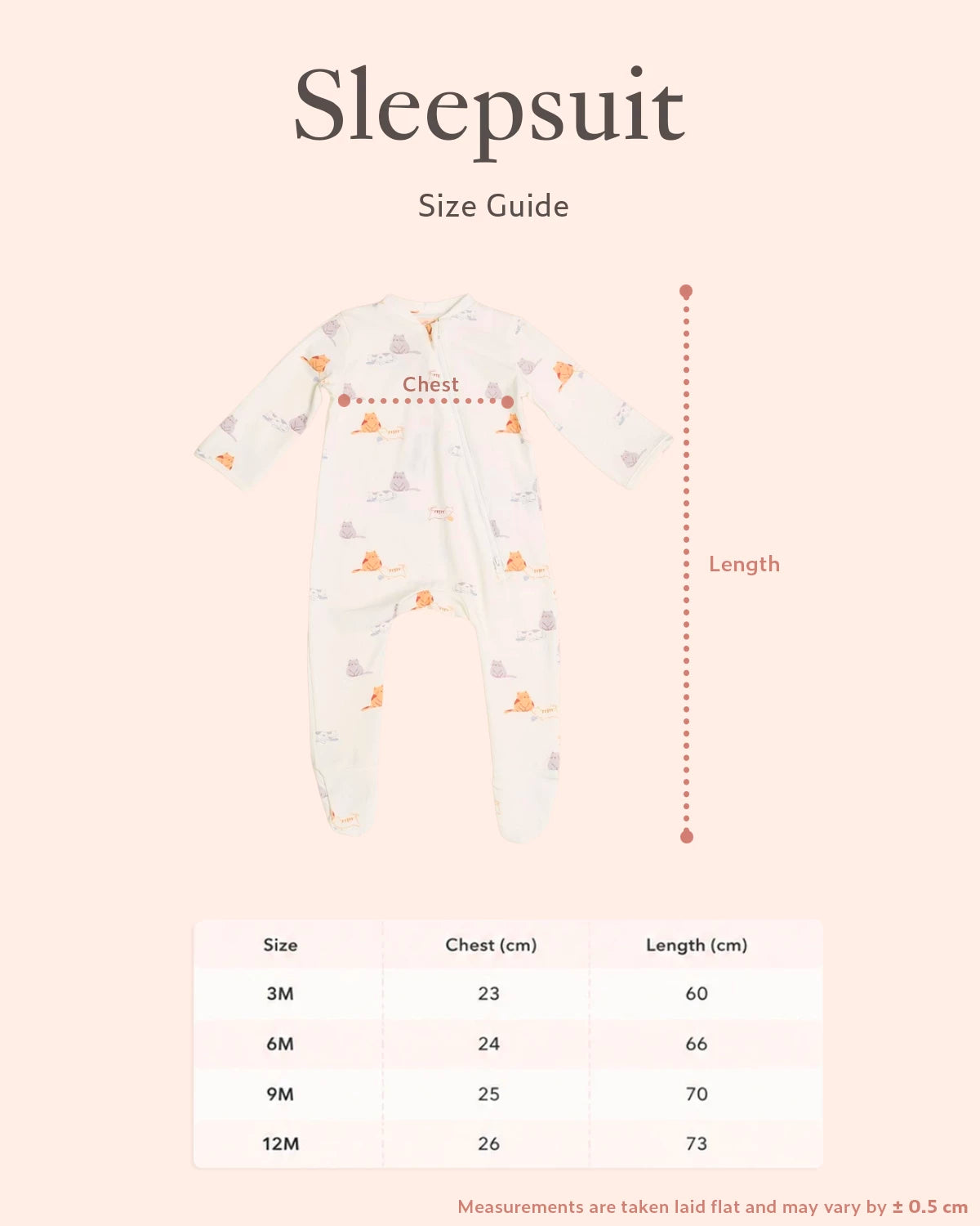 Sleepsuit size guide with measurements  for 3m, 6m, 9m, 12m 