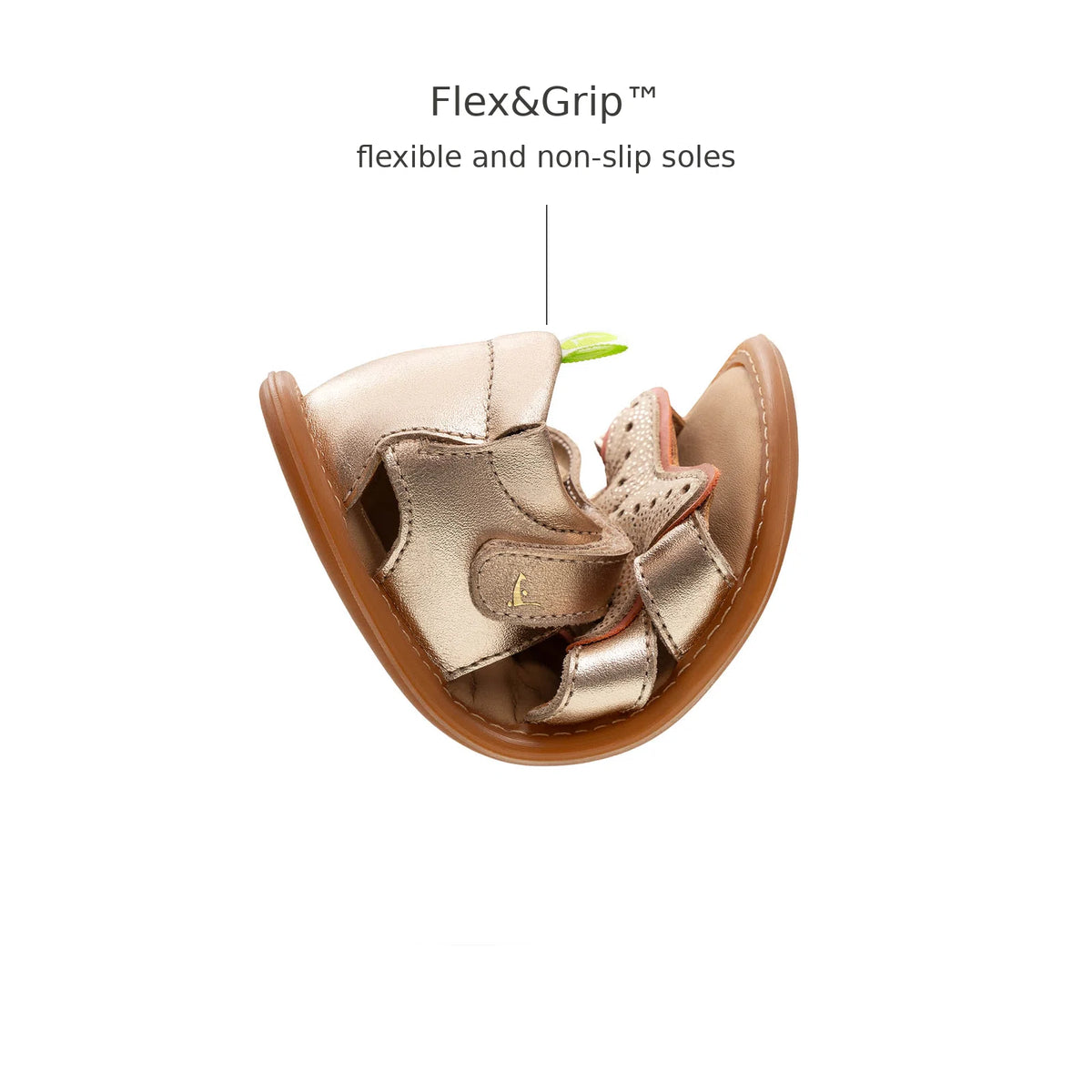 Tip Toey Joey Starfish Sandals in Metallic Salmon / Rosa Seco / Golden Sugar bending at the toe to show the flexible sole