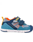 Children's shoe with blue, gray, and orange design on a white background