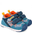 Children's shoe with blue, gray, and orange design on a white background