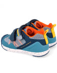 Children's shoe with blue, gray, and orange design on a white background