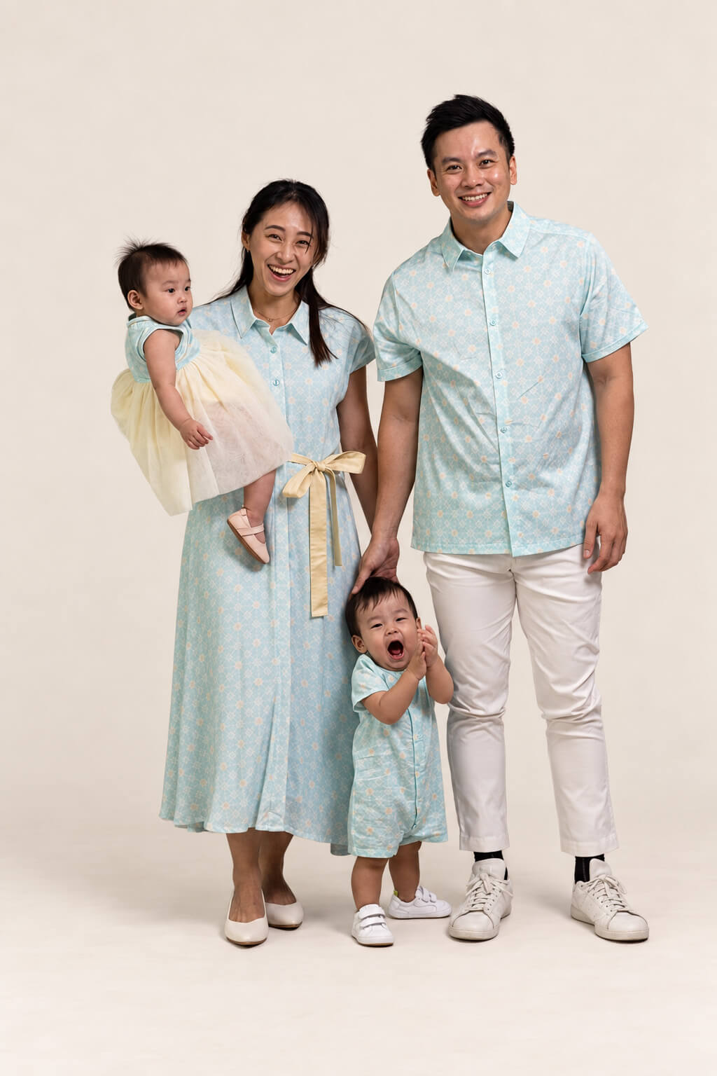 Mandarin-collared Romper - Teal Plaid Tiles