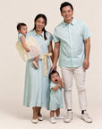 Mandarin-collared Romper - Teal Plaid Tiles