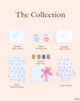 Collection of baby products including hooded bath towels, teething toy, bath toys, romper, and onesie 