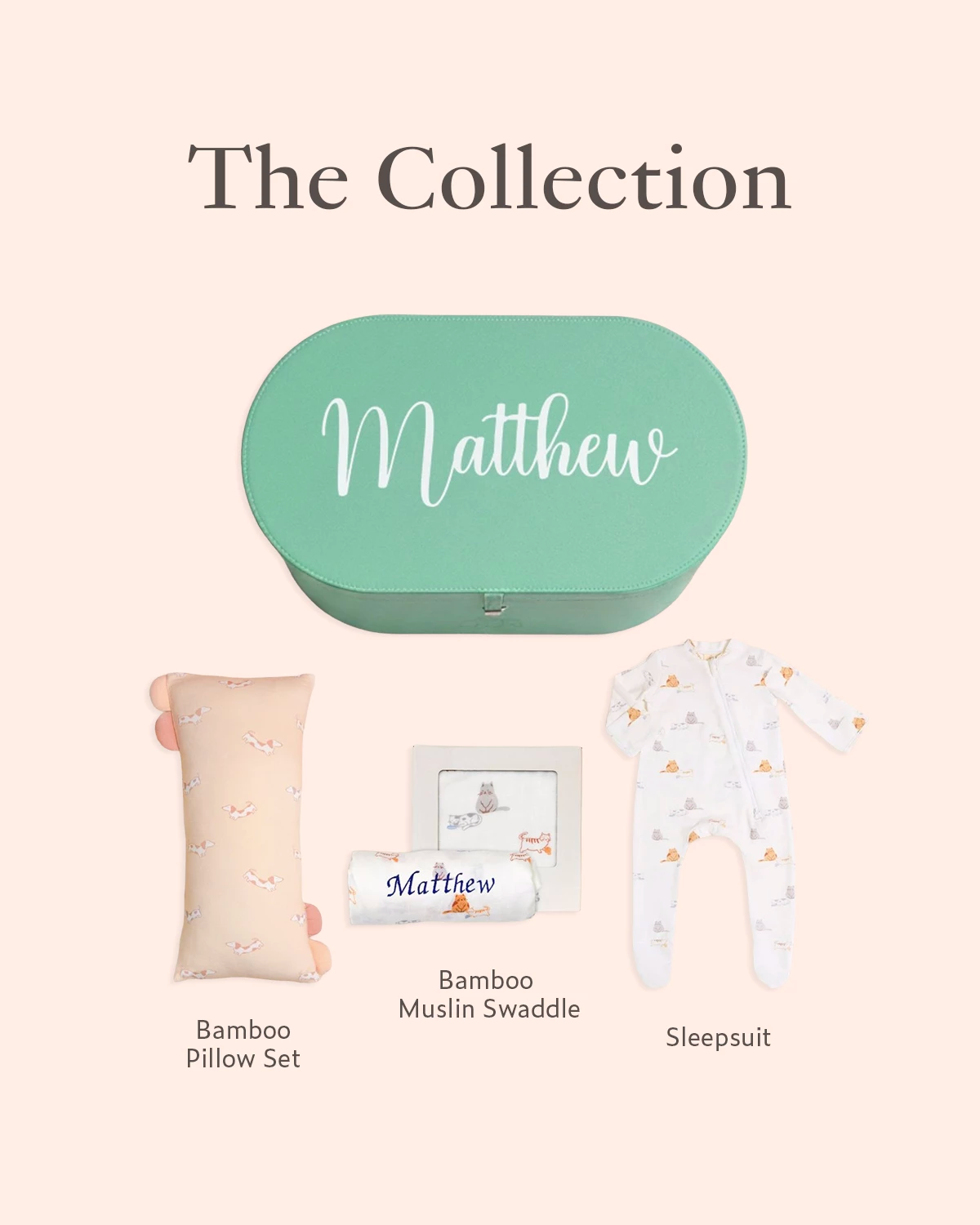 gift set includes bamboo pillow set, bamboo muslin swaddle and sleepsuit 
