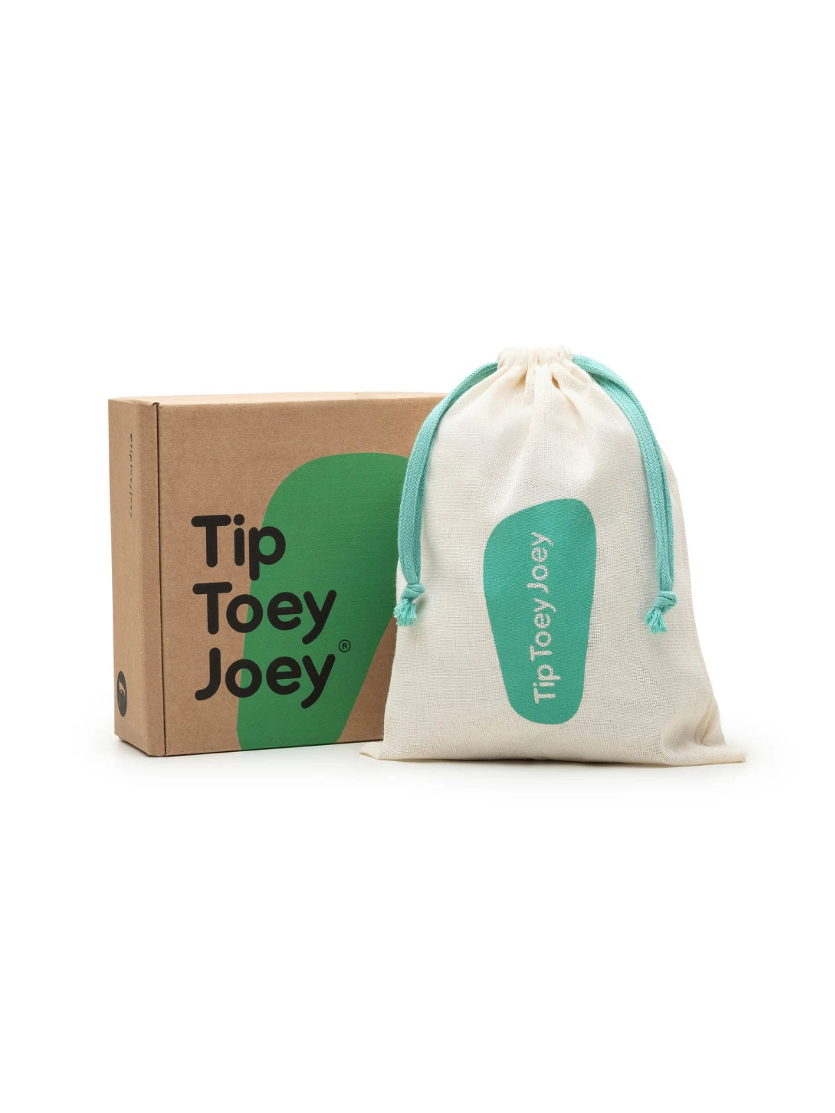 Tip Toey Joey branded shoe box and eco-friendly white fabric dust bag with mint green accents.