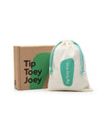 Tip Toey Joey branded shoe box and eco-friendly white fabric dust bag with mint green accents.