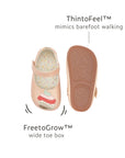 Diagram of FreetoGrow wide toe box and ThintoFeel sole for barefoot-style walking.