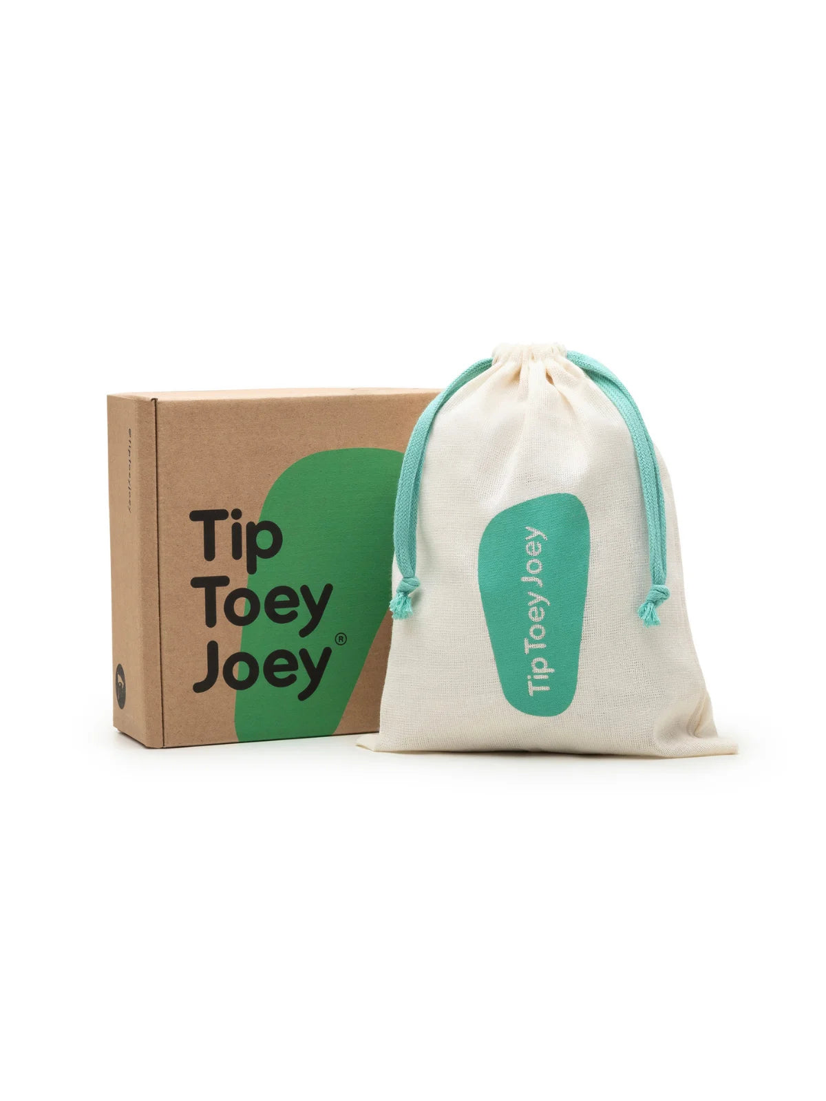 Tip Toey Joey branded shoe box and a white fabric drawstring dust bag with mint green ribbon.