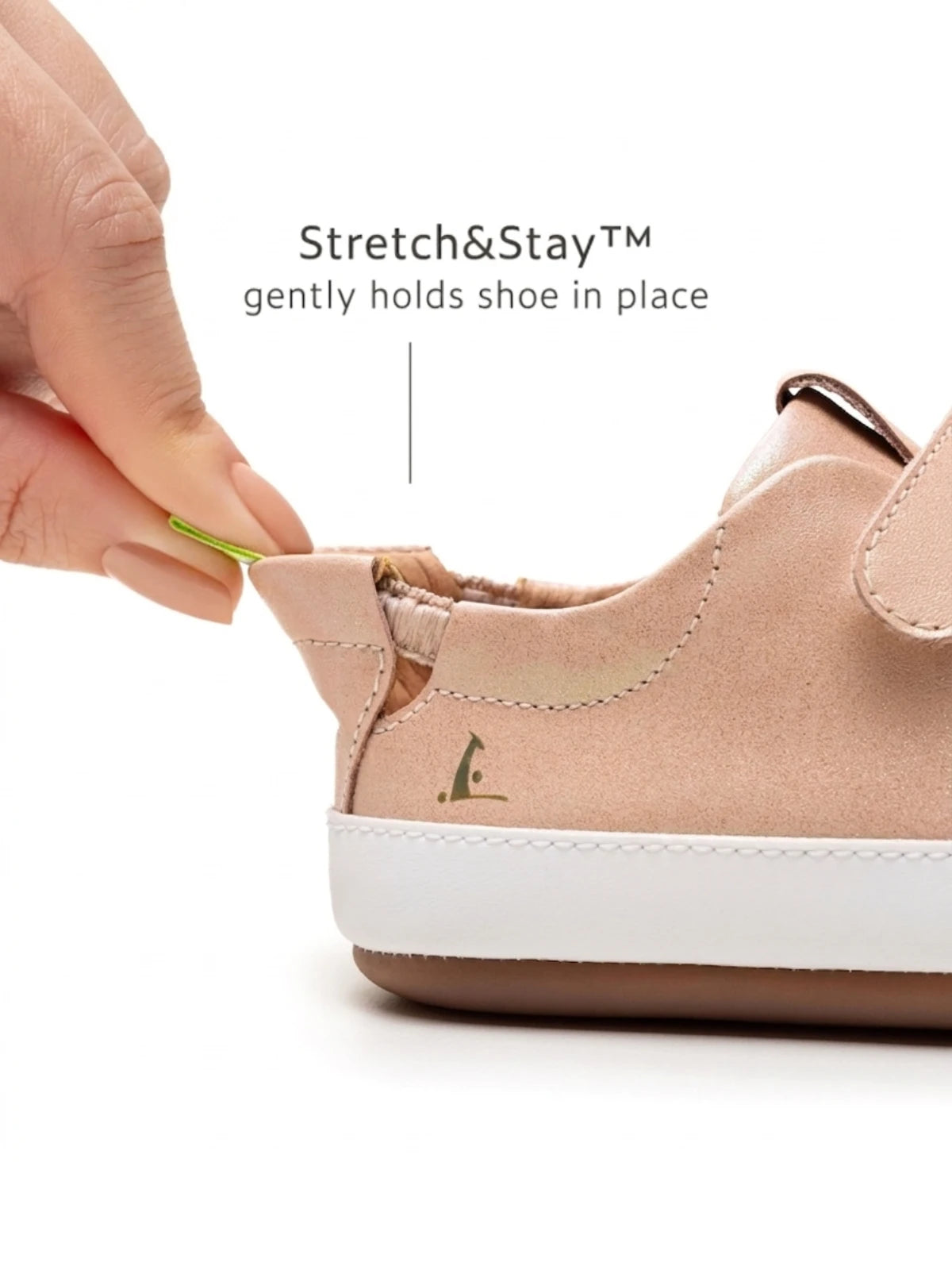 Close-up of the Stretch &amp; Stay elastic heel on the candy dream baby shoe for a secure and easy-on fit.