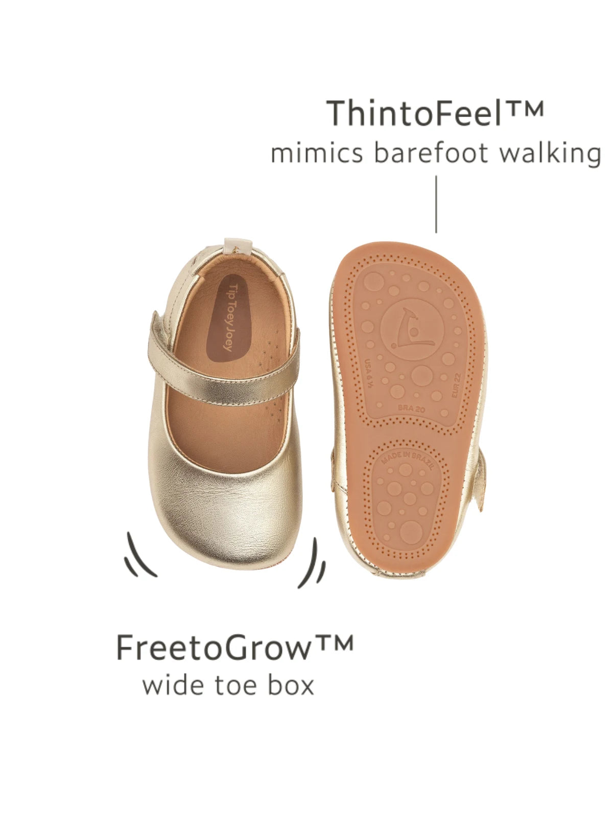 Product diagram showing the champagne Mary Jane's wide toe box and ThinToFeel sole designed for healthy barefoot foot development.